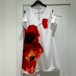 Ted Baker White Dress w/ Floral Pattern and Shoulder Cutouts Sz 5 (US Sz 12)